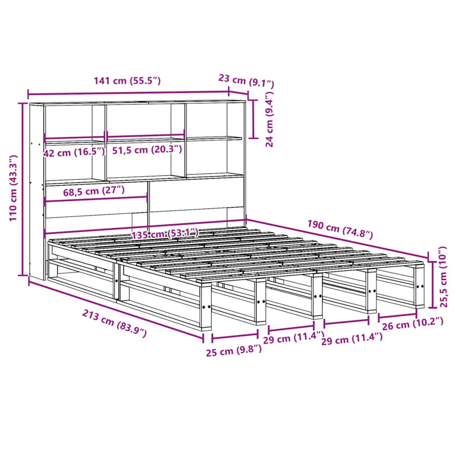 Lit bibliothèque sans matelas cire marron 135x190cm bois massif - 12