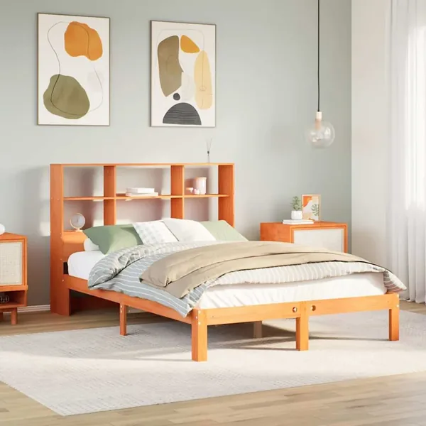Lit bibliothèque sans matelas cire marron 135x190 cm pin massif