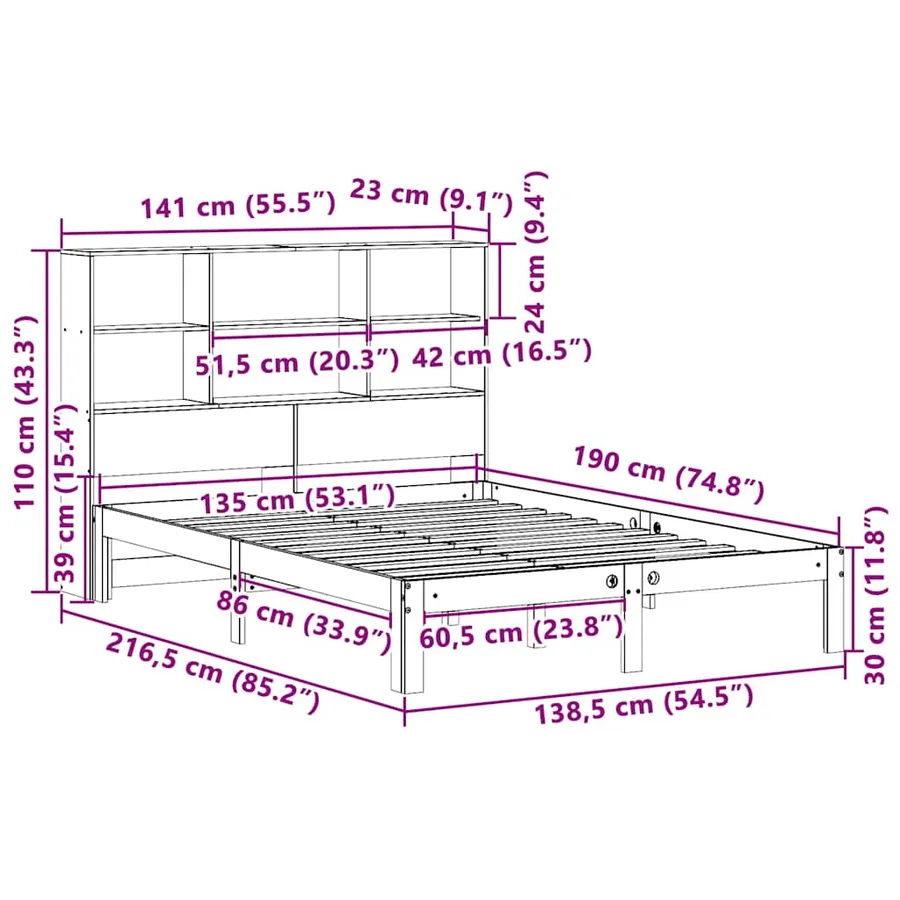 Lit bibliothèque sans matelas cire marron 135x190 cm pin massif - 11