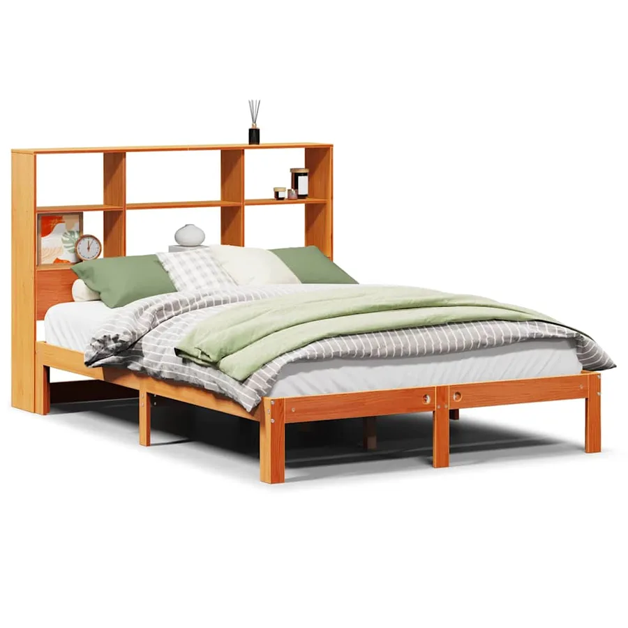 Lit bibliothèque sans matelas cire marron 135x190 cm pin massif - 2