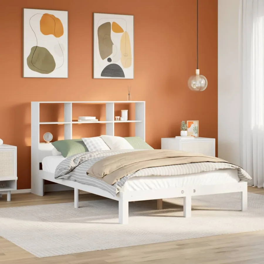 Lit bibliothèque sans matelas blanc 140x200 cm bois pin massif