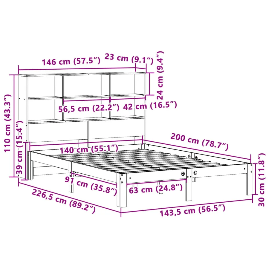 Lit bibliothèque sans matelas blanc 140x200 cm bois pin massif - 11