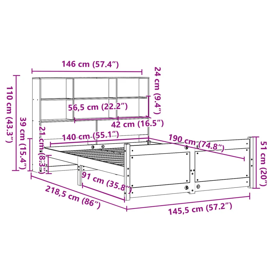 Lit bibliothèque sans matelas blanc 140x190 cm bois pin massif - 11