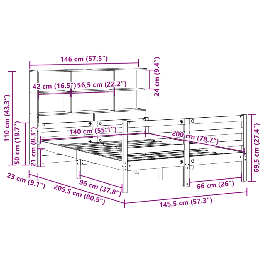 Lit bibliothèque sans matelas blanc 140x200 cm bois pin massif - 11