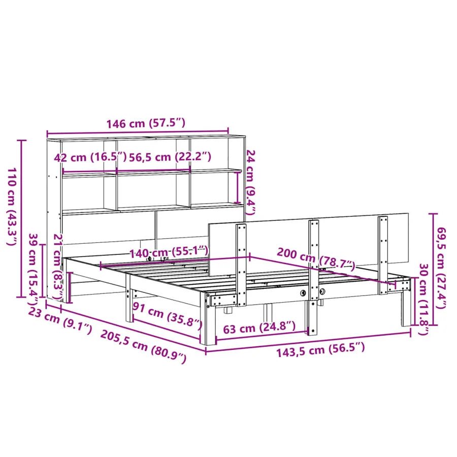 Lit bibliothèque sans matelas blanc 140x200 cm bois pin massif - 11