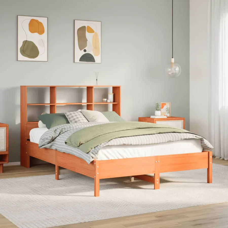 Lit bibliothèque sans matelas cire marron 135x190 cm pin massif