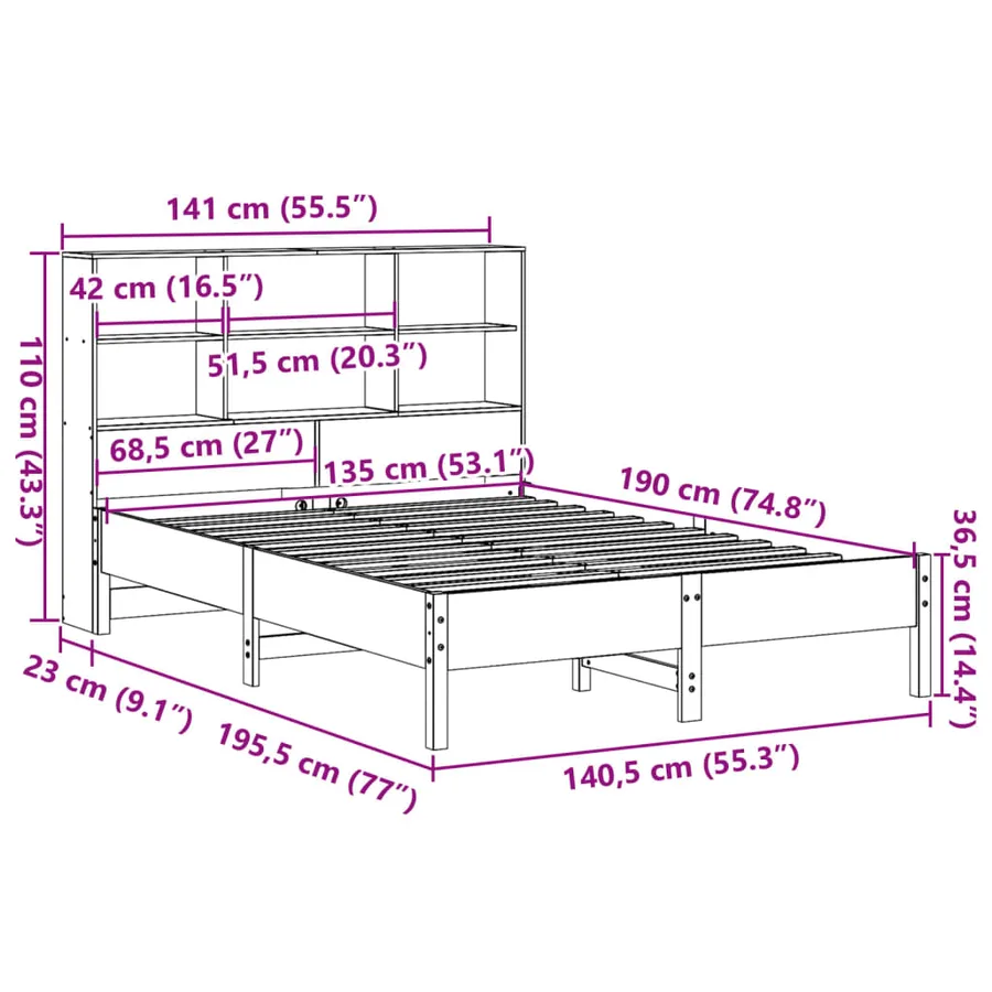 Lit bibliothèque sans matelas cire marron 135x190 cm pin massif - 11