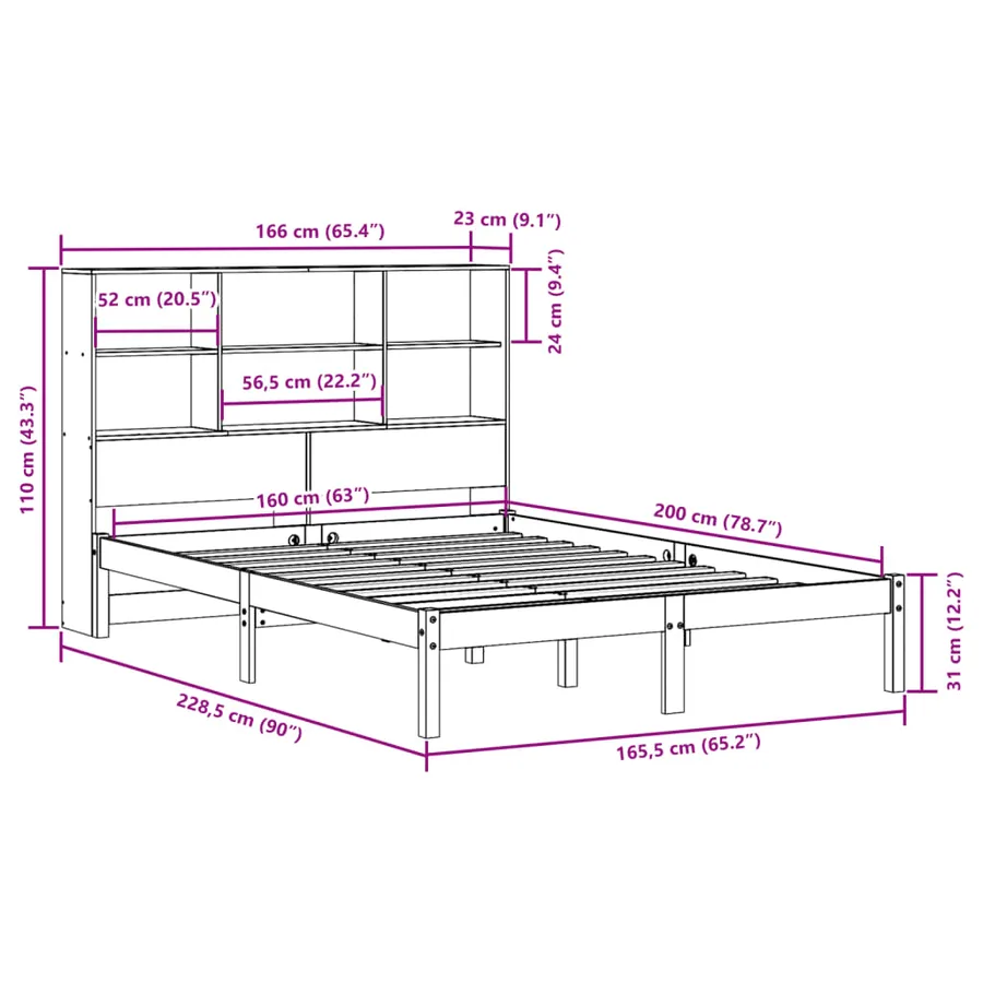 Lit bibliothèque sans matelas cire marron 160x200 cm pin massif - 12
