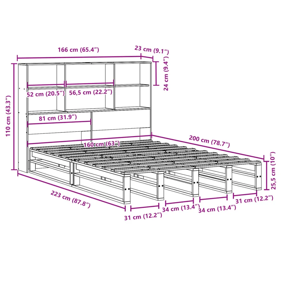 Lit bibliothèque sans matelas blanc 160x200 cm bois massif - 12