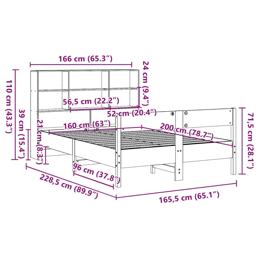 Lit bibliothèque sans matelas blanc 160x200 cm bois pin massif - 12