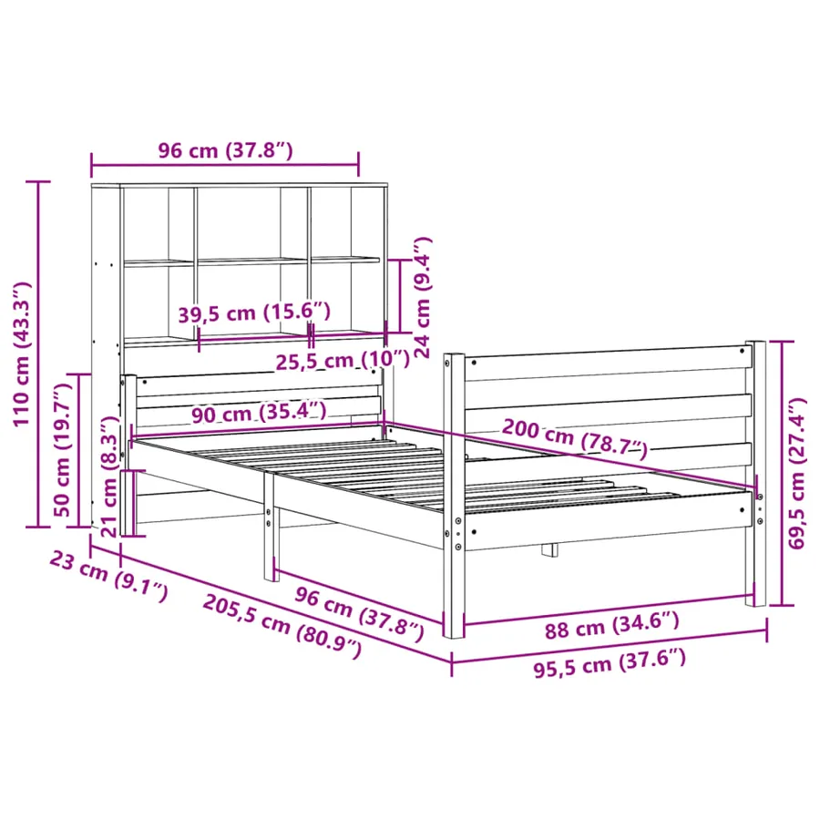 Lit bibliothèque sans matelas 90x200 cm bois de pin massif - 11