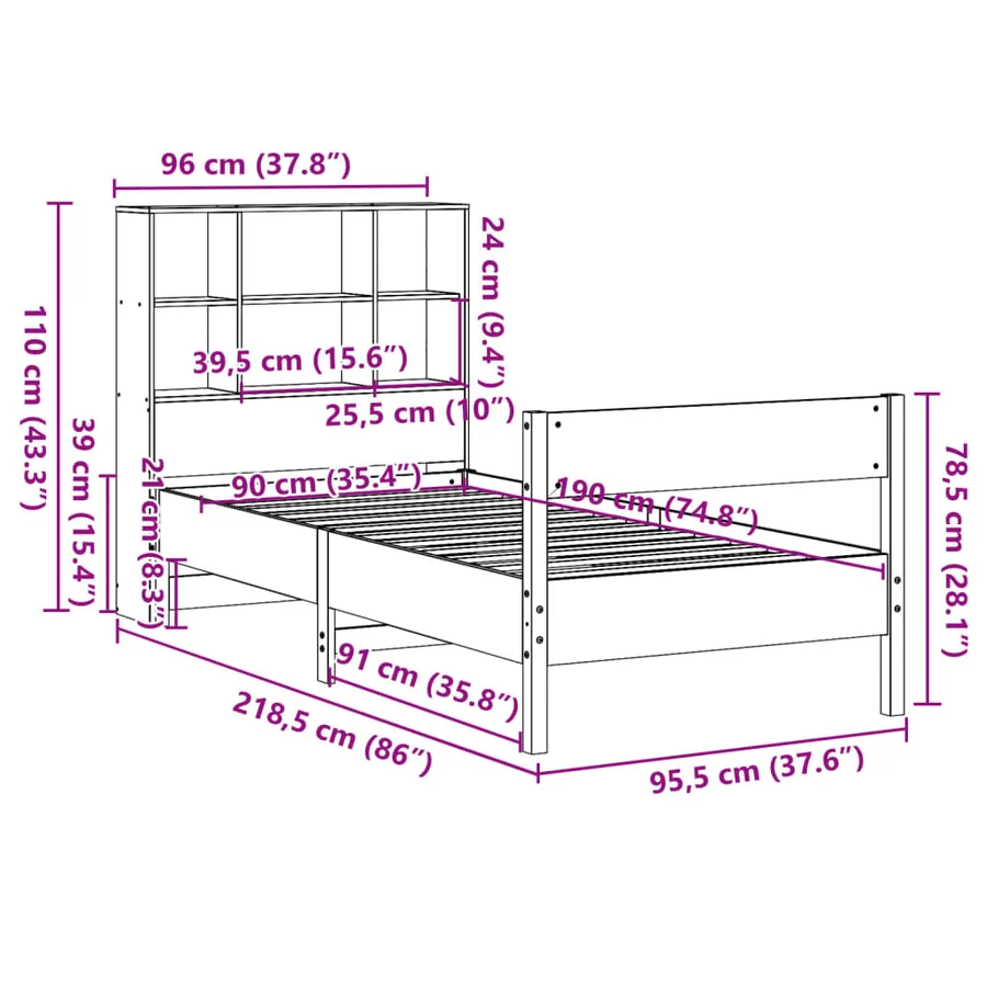 Lit bibliothèque sans matelas 90x190 cm bois de pin massif - 12