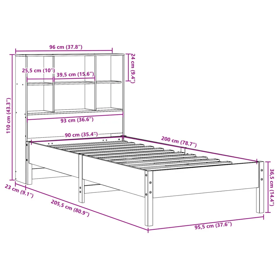 Lit bibliothèque sans matelas 90x200 cm bois de pin massif - 11