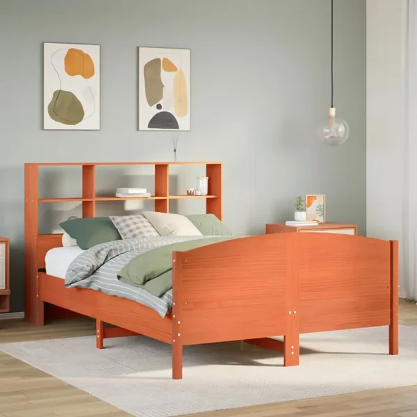 Lit bibliothèque sans matelas cire marron 140x190 cm pin massif