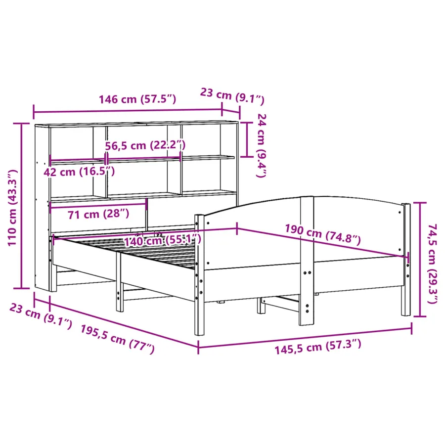 Lit bibliothèque sans matelas 140x190 cm bois de pin massif - 12