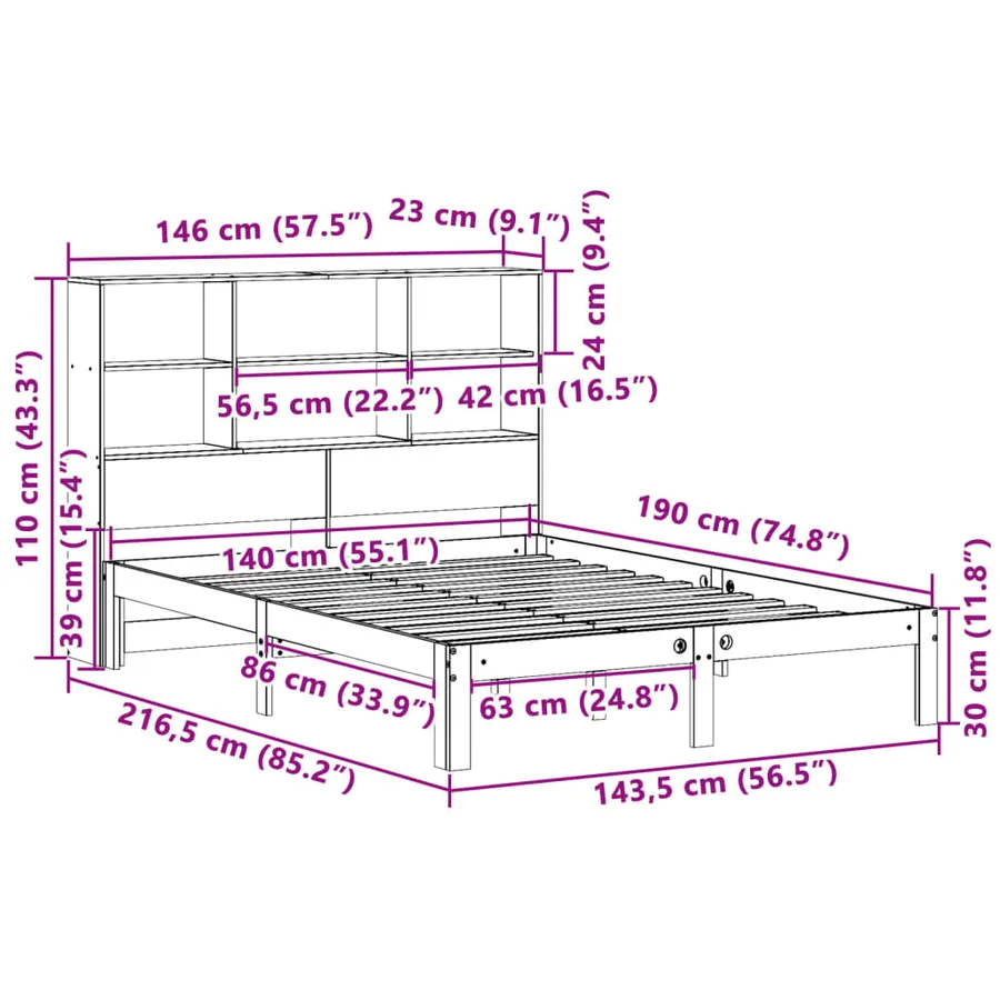 Lit bibliothèque sans matelas 140x190 cm bois de pin massif - 11
