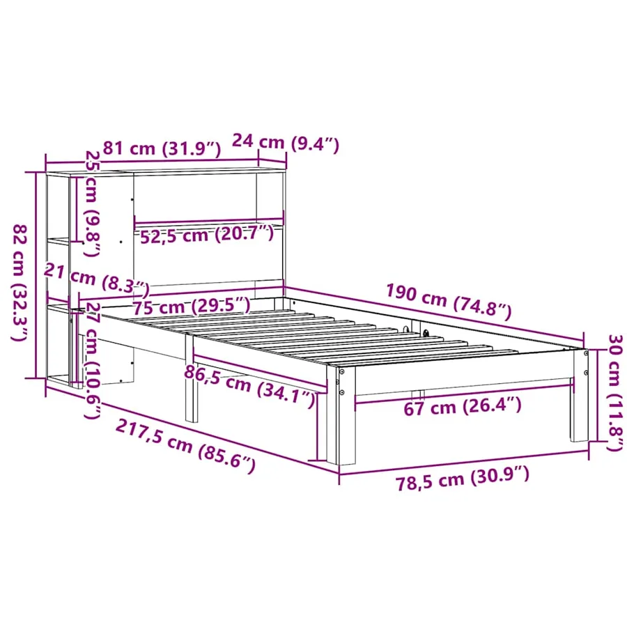 Lit bibliothèque sans matelas blanc 75x190cm bois de pin massif - 11