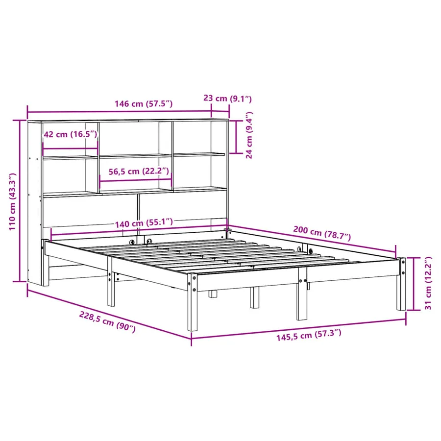 Lit bibliothèque sans matelas cire marron 140x200 cm pin massif - 12