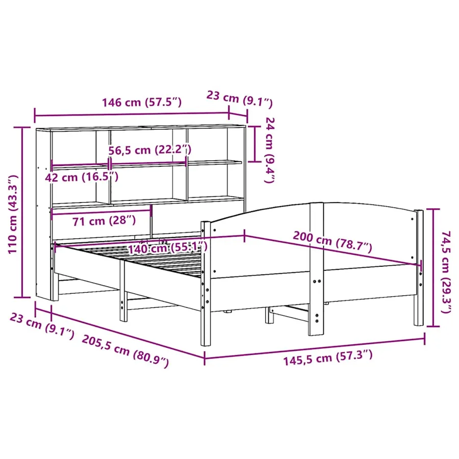Lit bibliothèque sans matelas cire marron 140x200 cm pin massif - 12