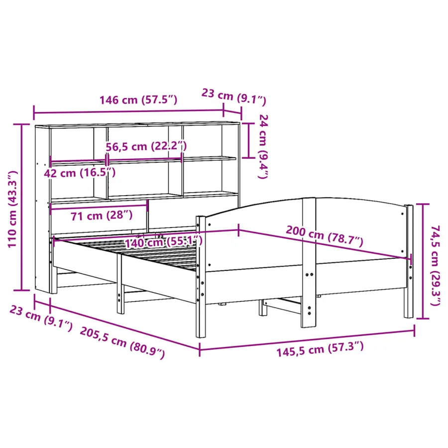 Lit bibliothèque sans matelas 140x200 cm bois massif de pin - 12