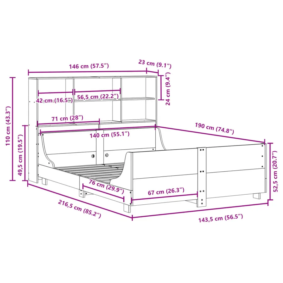Lit bibliothèque sans matelas cire marron 140x190cm bois massif - 12