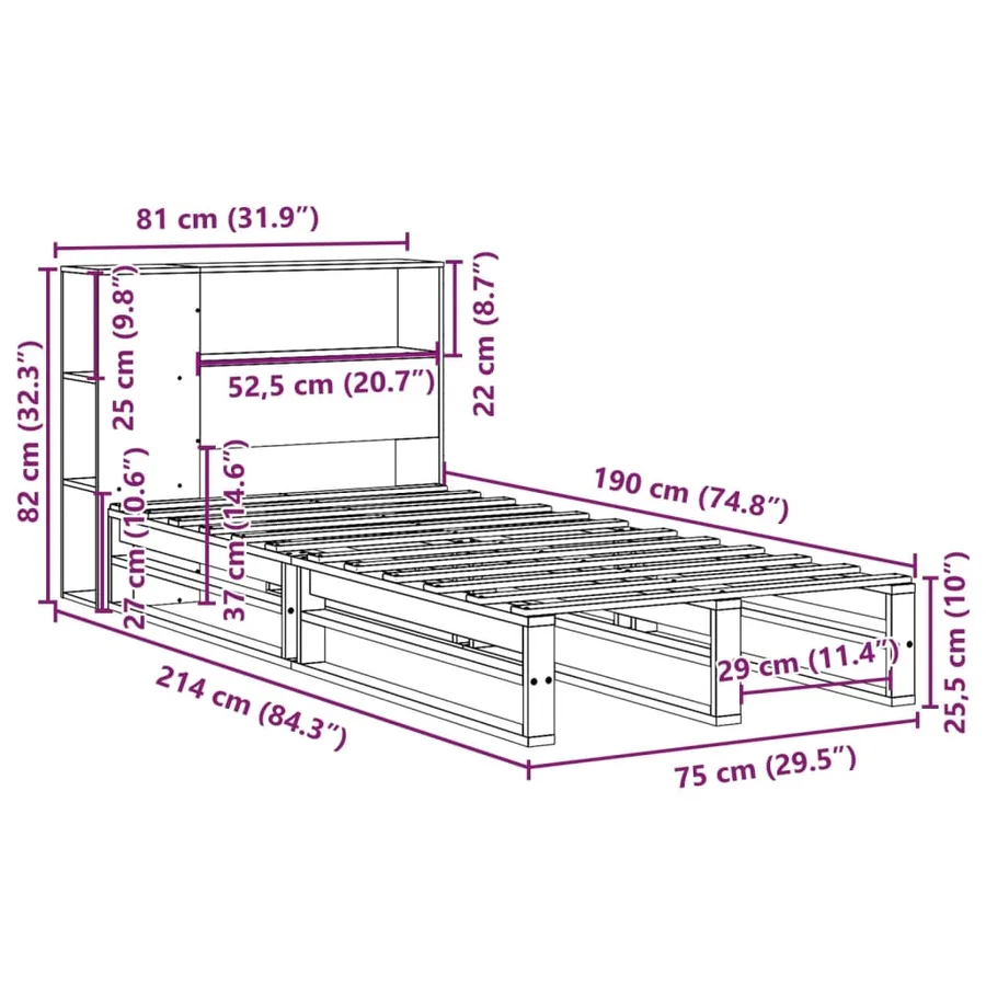 Lit bibliothèque sans matelas blanc 75x190 cm bois massif - 12