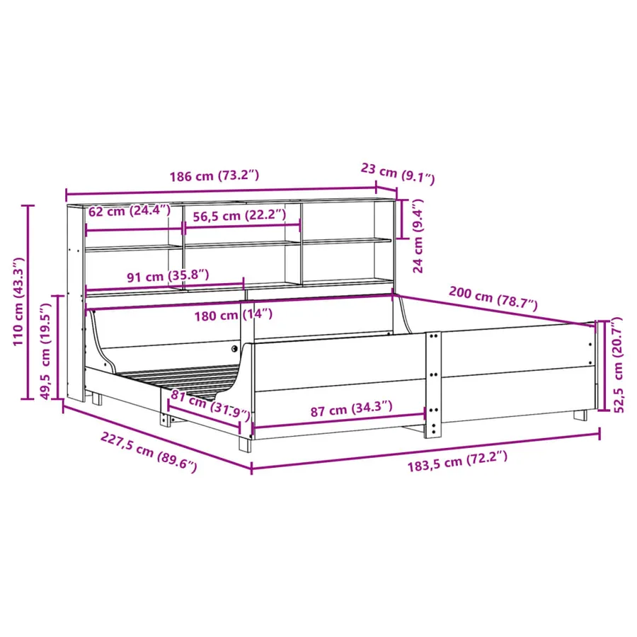 Lit bibliothèque sans matelas blanc 180x200 cm bois massif - 12