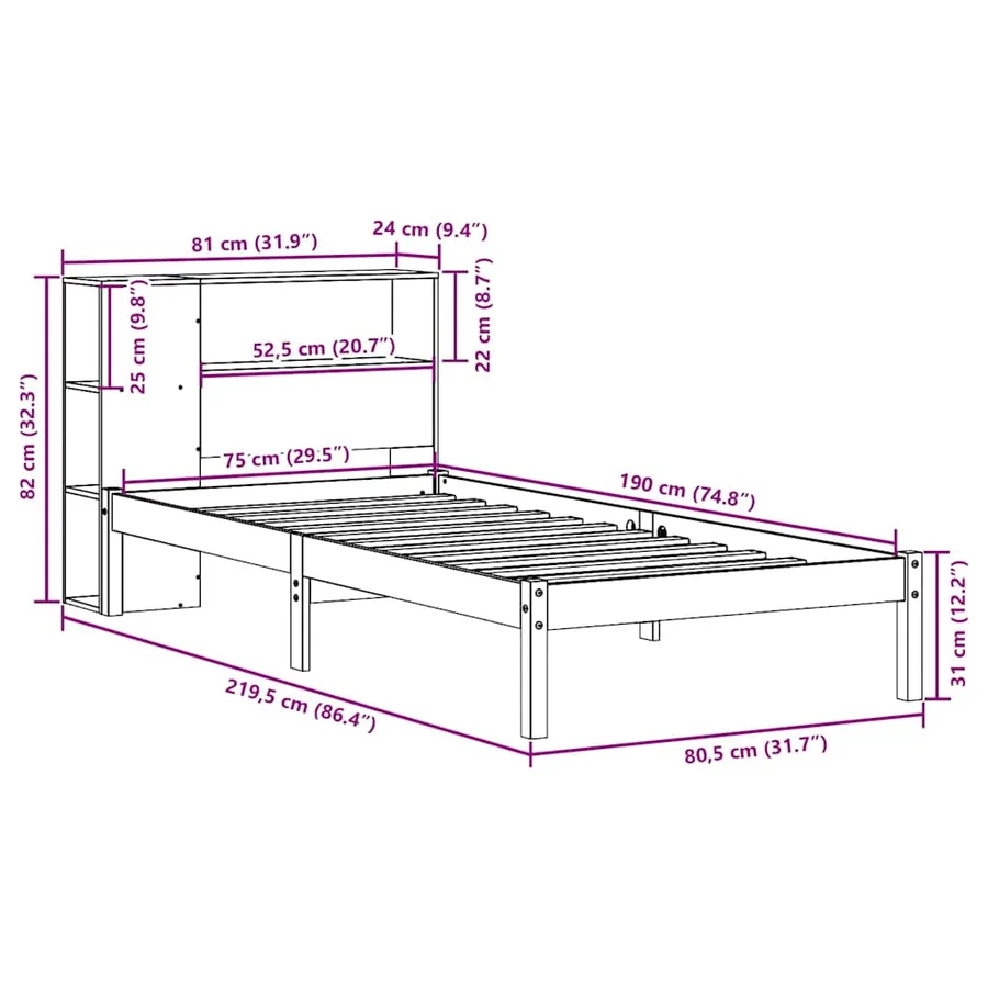 Lit bibliothèque sans matelas blanc 75x190cm bois de pin massif - 12