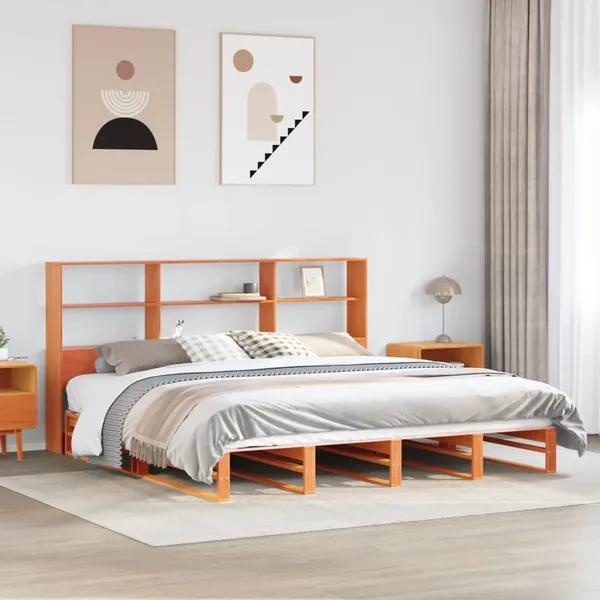 Lit bibliothèque sans matelas cire marron 180x200cm bois massif