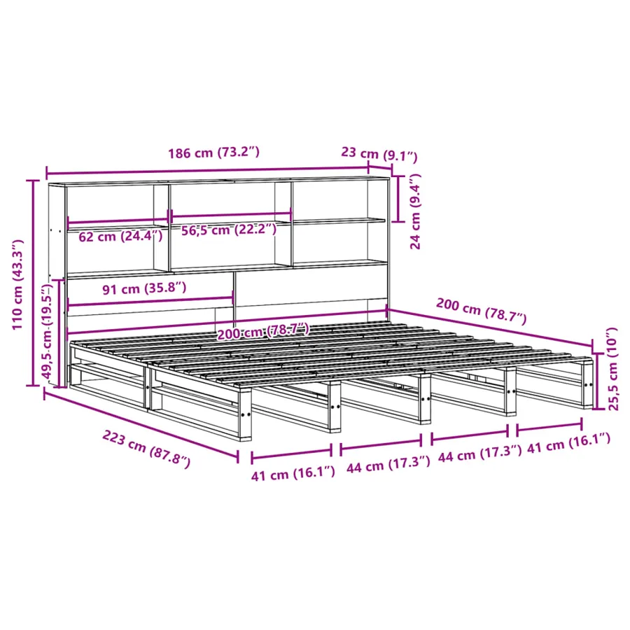 Lit bibliothèque sans matelas cire marron 180x200cm bois massif - 12