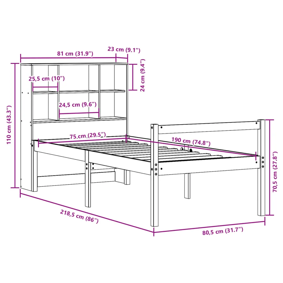 Lit bibliothèque sans matelas cire marron 75x190 cm bois massif - 12