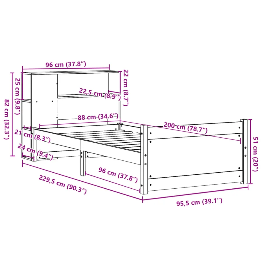 Lit bibliothèque sans matelas 90x200 cm bois de pin massif - 11
