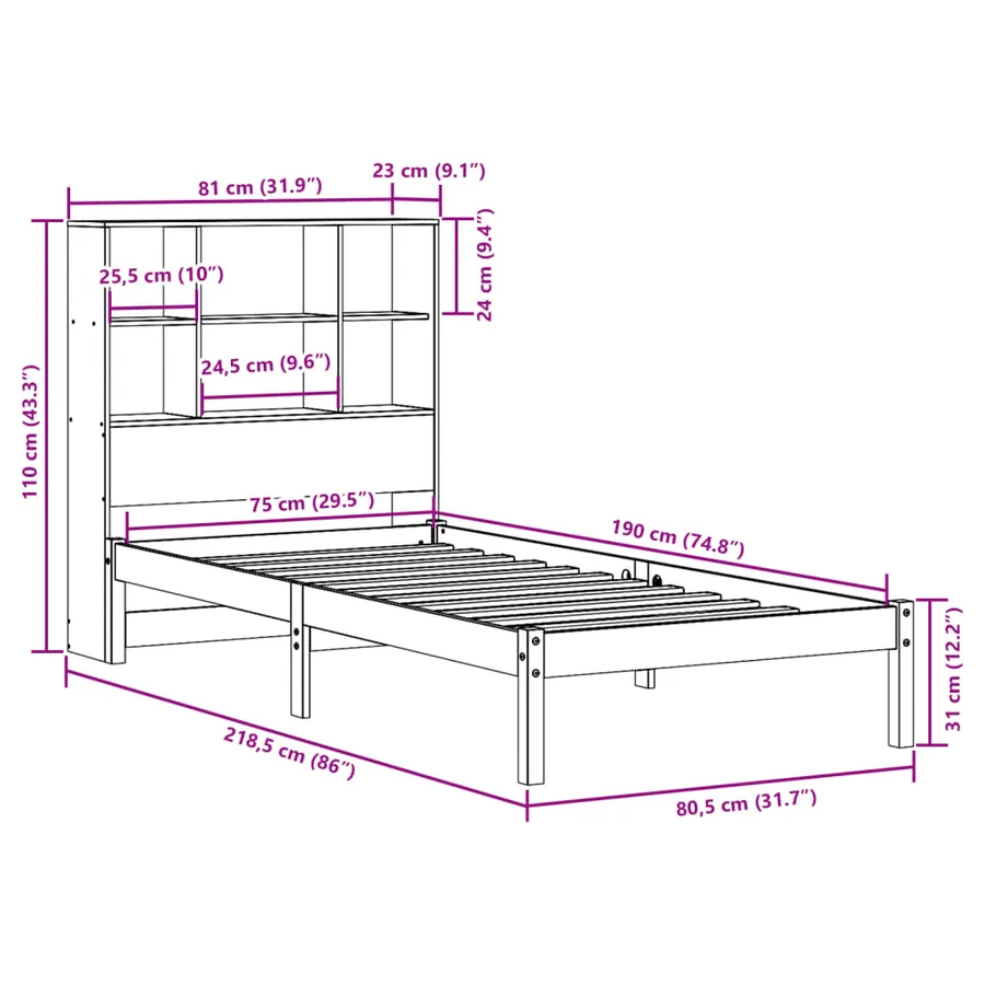 Lit bibliothèque sans matelas cire marron 75x190 cm pin massif - 12