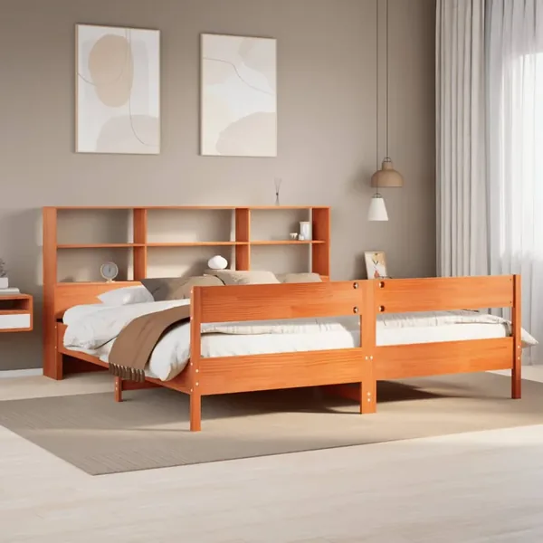 Lit bibliothèque sans matelas cire marron 200x200 cm pin massif