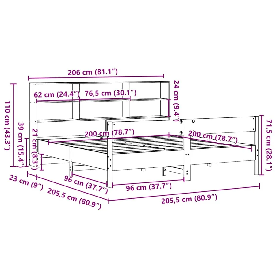 Lit bibliothèque sans matelas cire marron 200x200 cm pin massif - 12