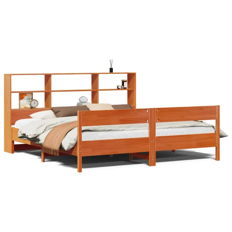 Lit bibliothèque sans matelas cire marron 200x200 cm pin massif - 2