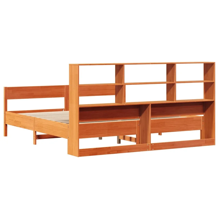 Lit bibliothèque sans matelas cire marron 200x200 cm pin massif - 6