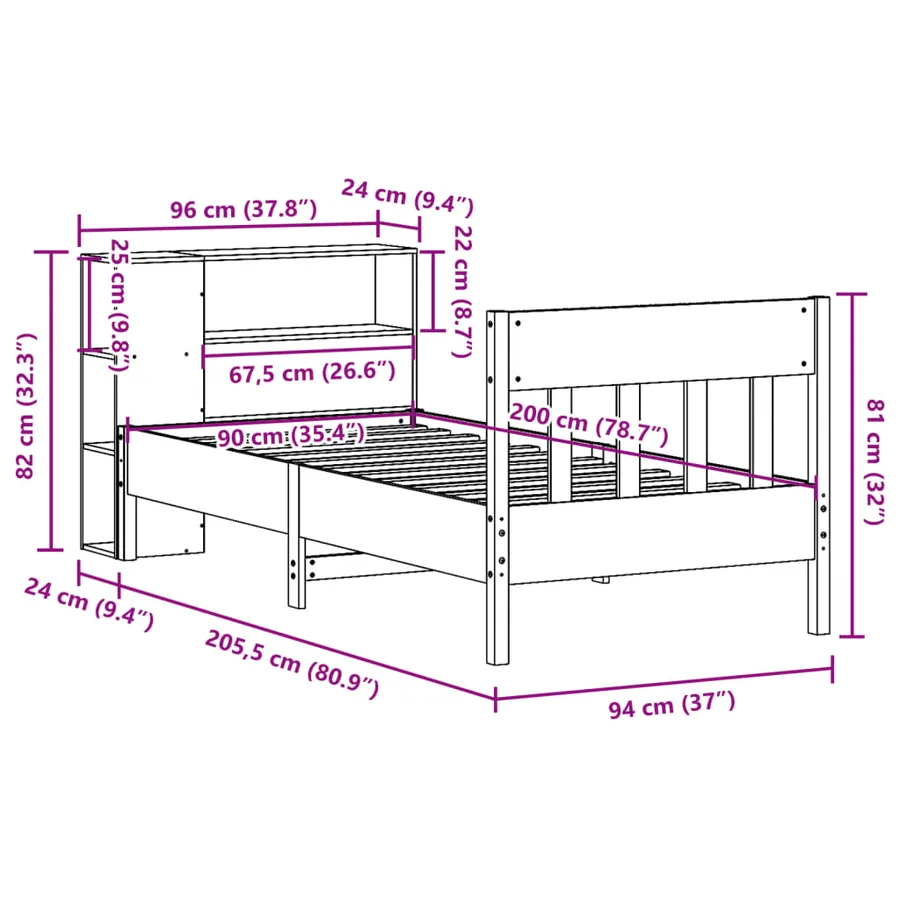 Lit bibliothèque sans matelas 90x200 cm bois de pin massif - 12