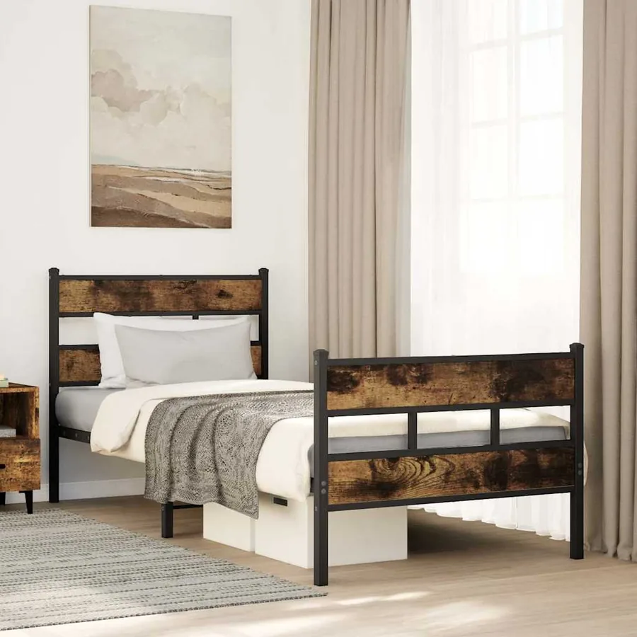 Cadre de lit en métal sans matelas chêne fumé 107x203 cm
