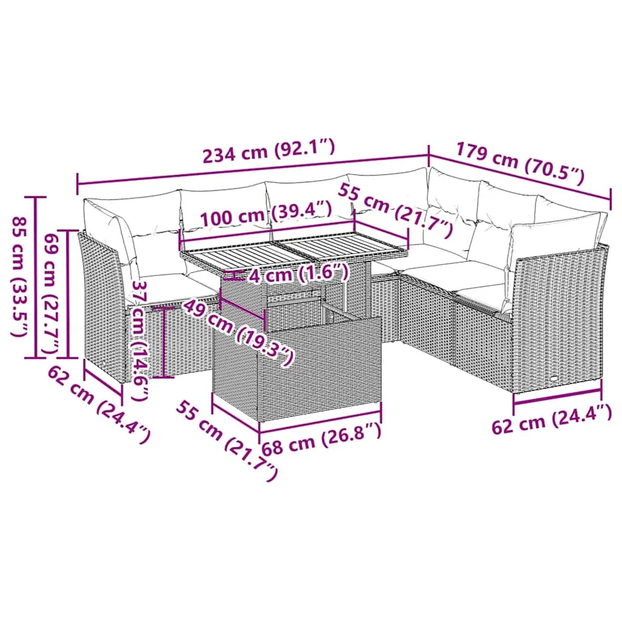 Salon de jardin 7 pcs avec coussins noir résine tressée 62 x 62 x 69 cm - 67,2 kg - 12