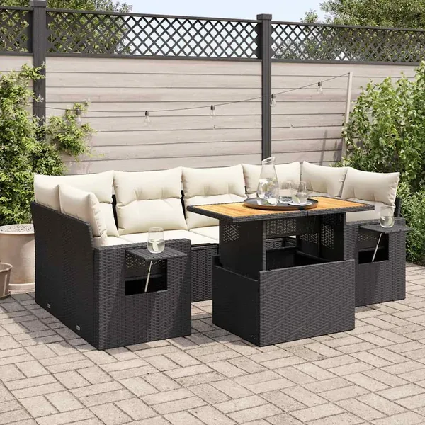 Salon de jardin 7 pcs avec coussins noir résine tressée 62 x 62 x 69 cm - 69,9 kg