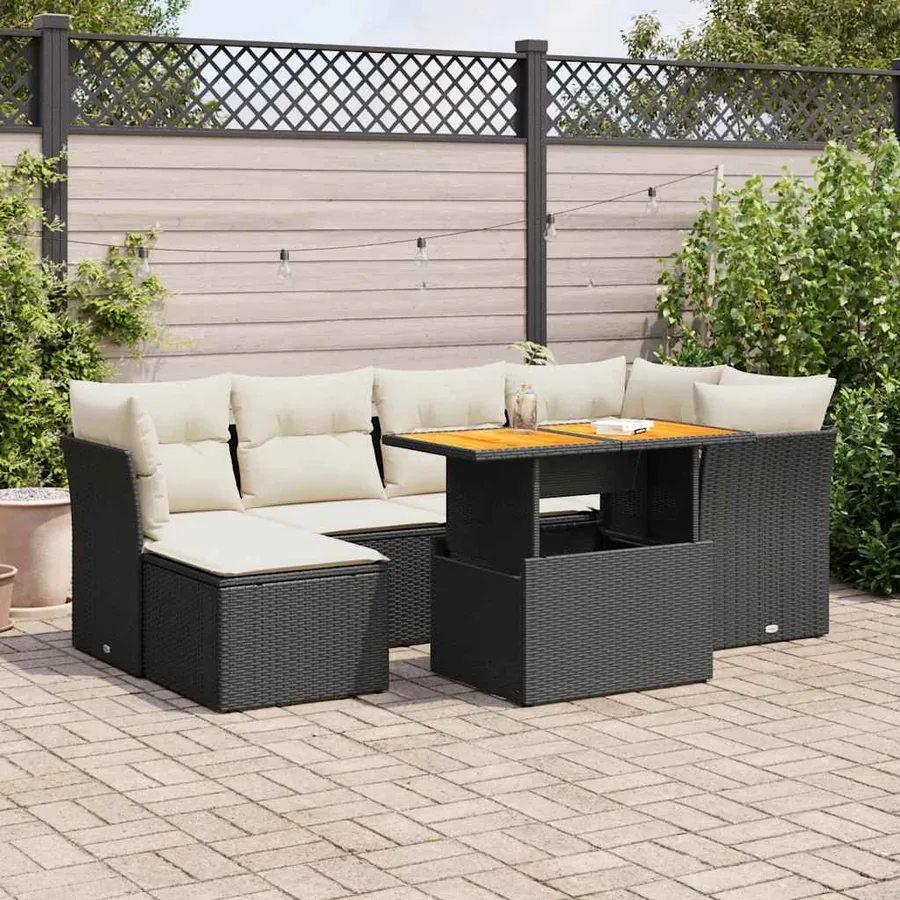 Salon de jardin 7 pcs avec coussins noir résine tressée 62 x 62 x 69 cm - 66,7 kg