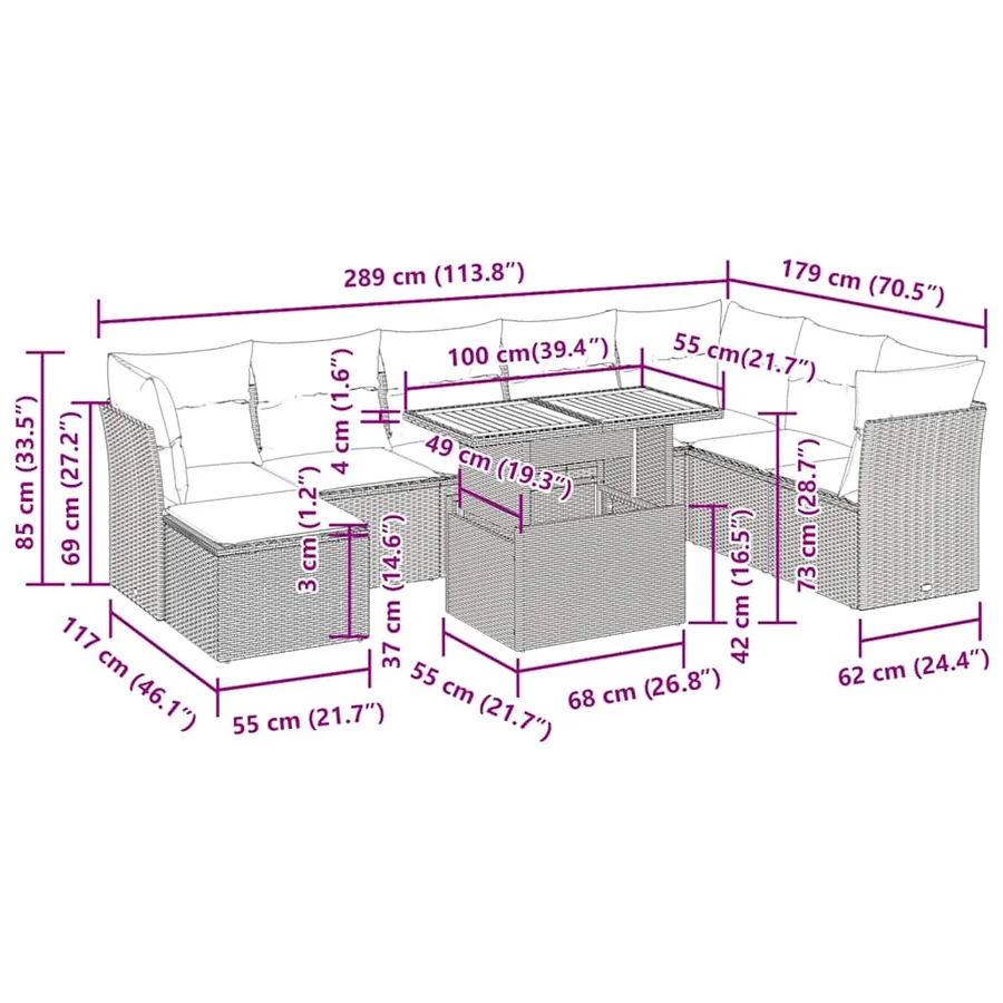 Salon de jardin avec coussins 9 pcs beige résine tressée - 13