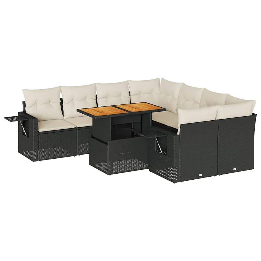 Salon de jardin 9 pcs avec coussins noir résine tressée - 2