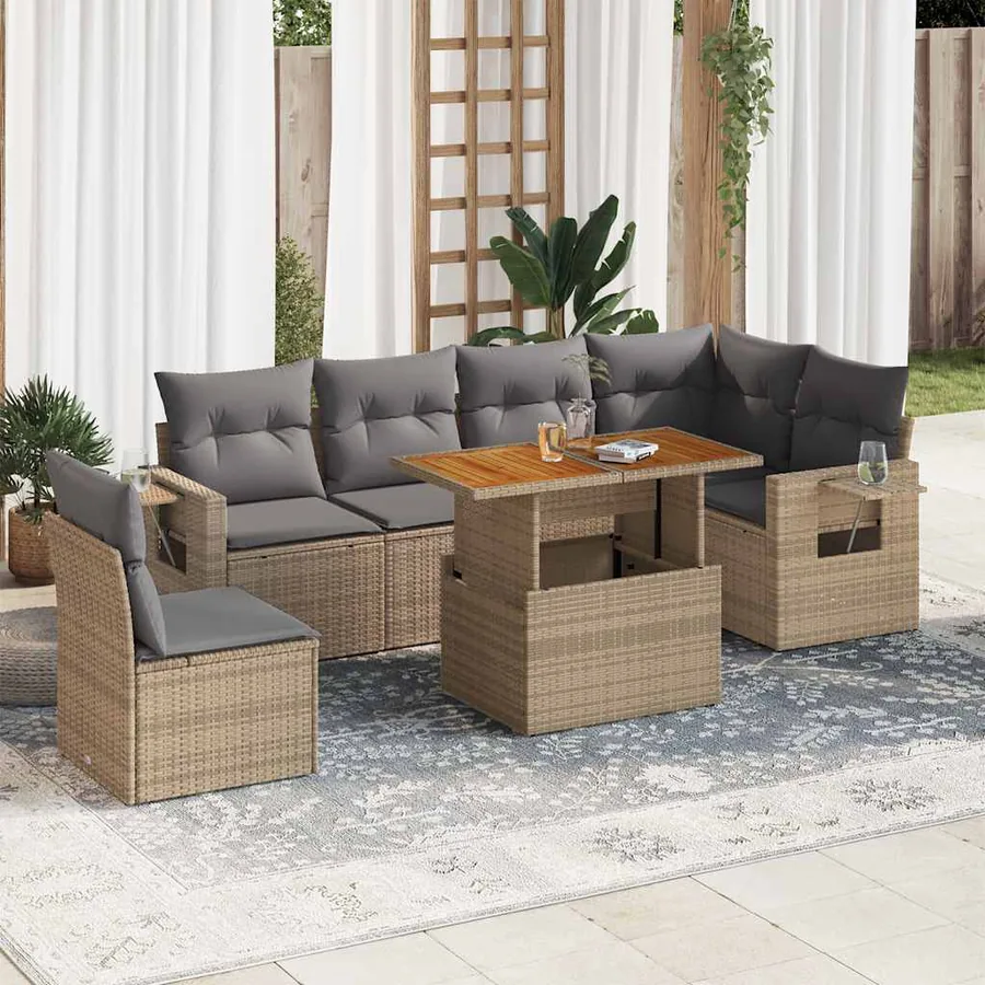 Salon de jardin avec coussins 7 pcs beige résine tressée