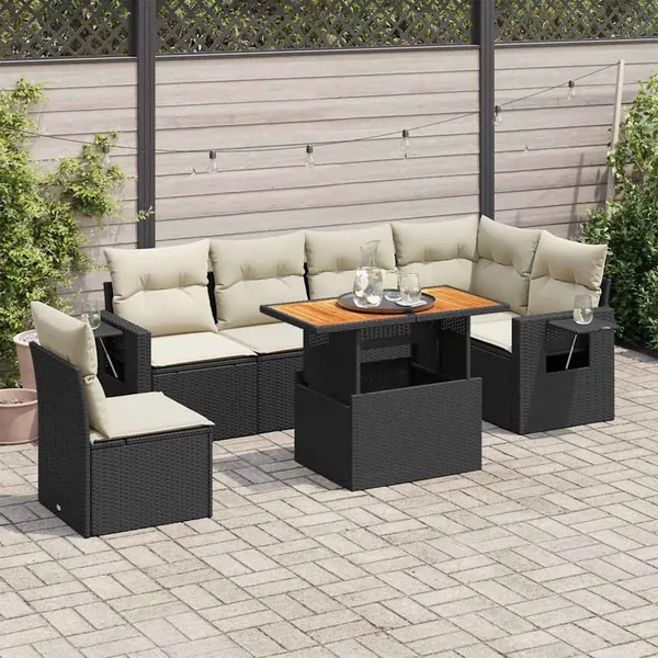 Salon de jardin 7 pcs avec coussins noir résine tressée 62 x 62 x 69 cm - 67,0 kg
