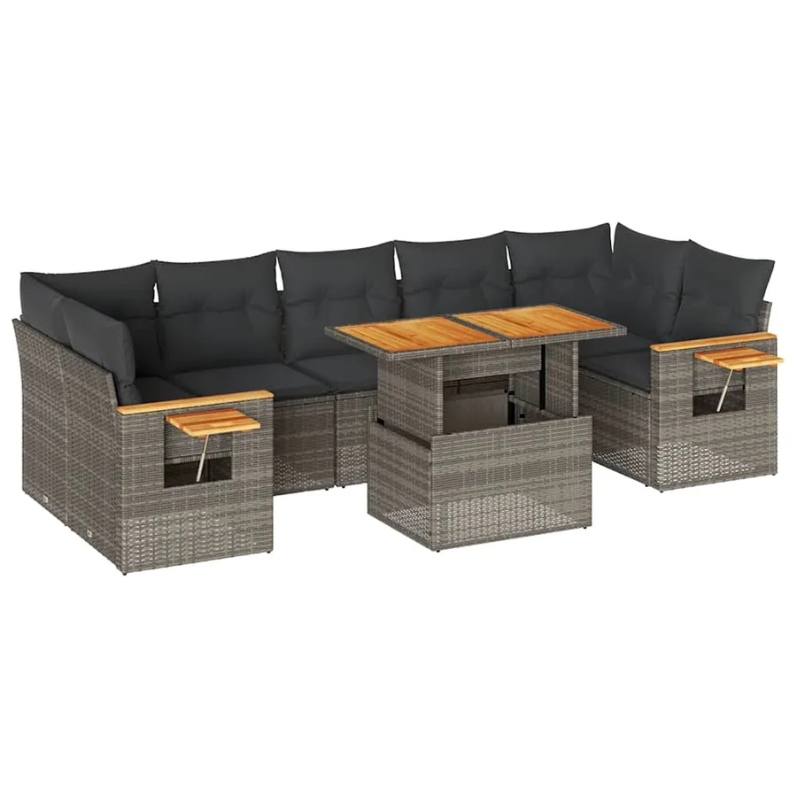 Salon de jardin avec coussins 8 pcs gris résine tressée acacia - 2