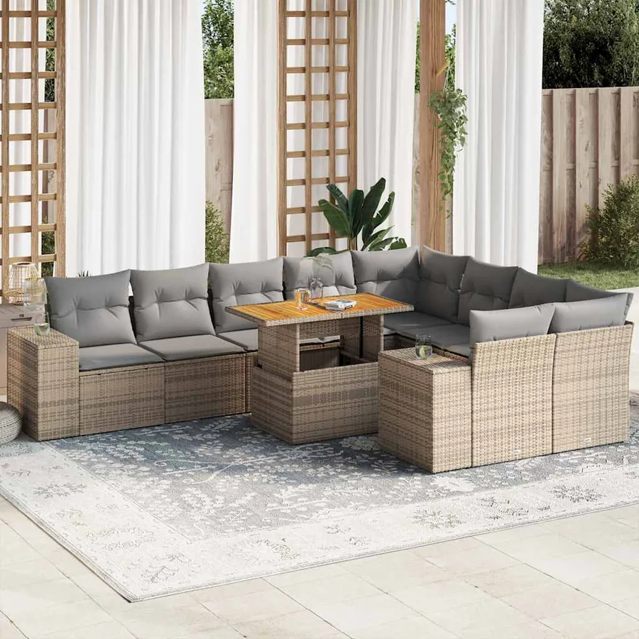 Salon de jardin avec coussins 10pcs beige résine tressée acacia
