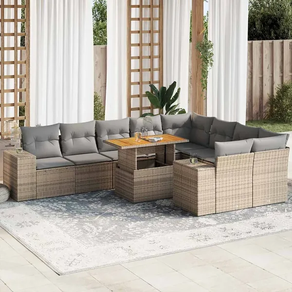 Salon de jardin avec coussins 10pcs beige résine tressée acacia