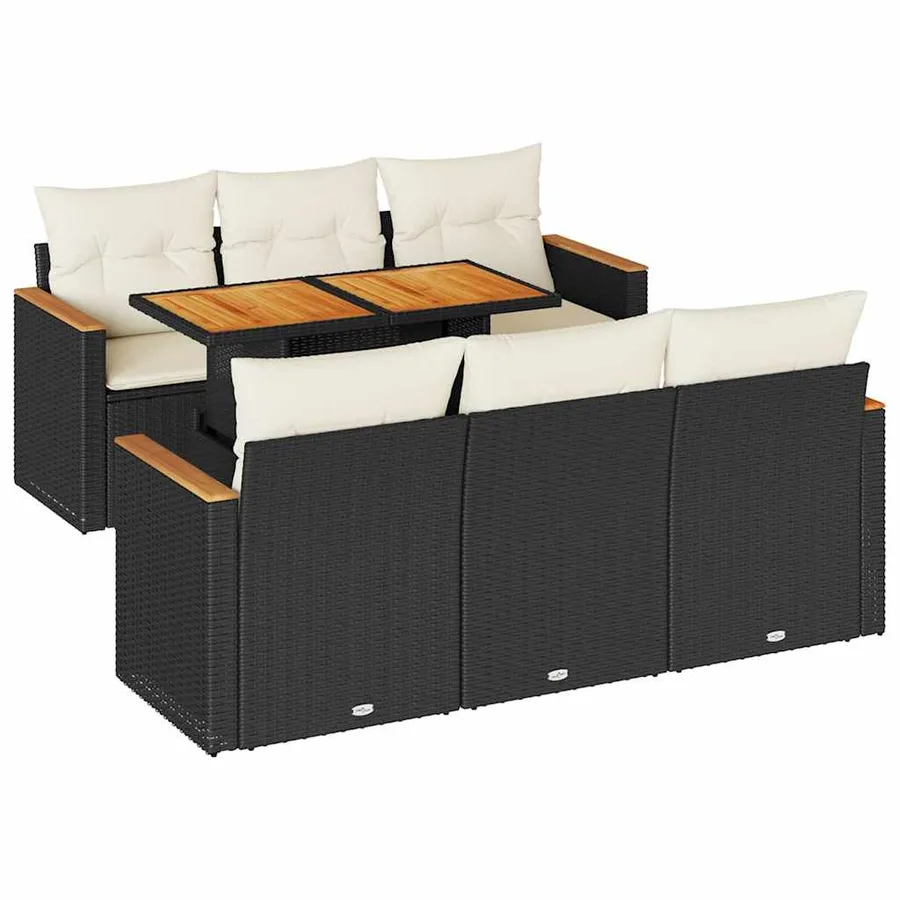 Salon de jardin avec coussins 7 pcs noir résine tressée acacia - 2